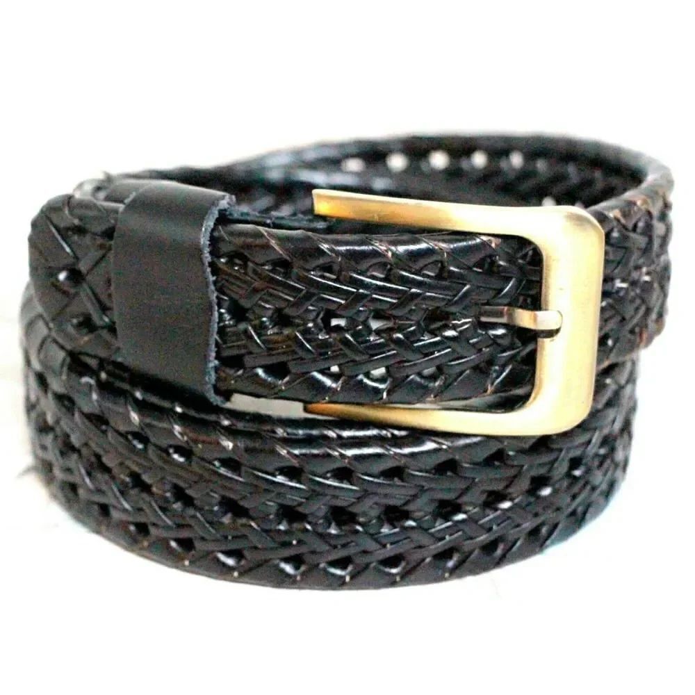 BRAIDED BLACK GENUINE LEATHER 1.25"Wd CLASSIC CASUAL DRESS MEN'S BELT Sz 42 (X90